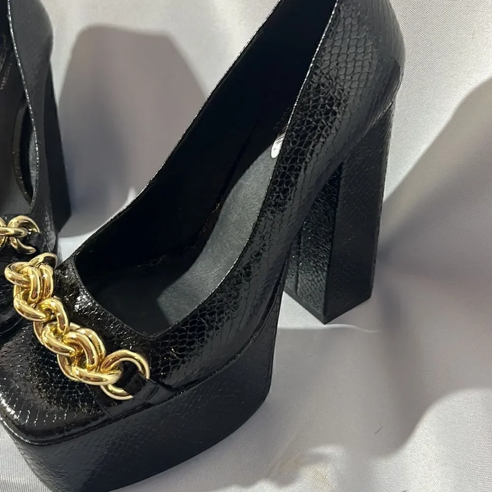 JEFFREY CAMPBELL CASEY CHAIN PLATFORM HEELS IN BLACK SNAKE SIZE 8